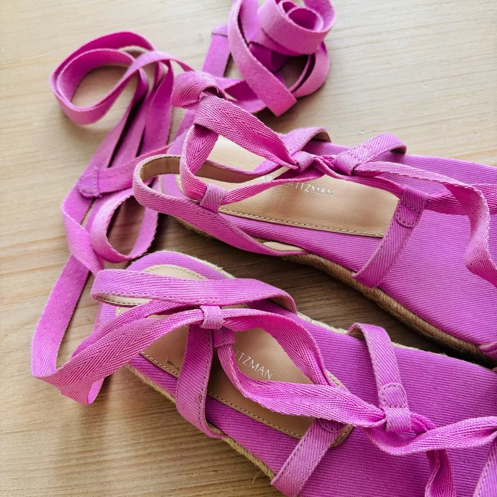 Stuart Weitzman 32MM Espadrille‎ Platform Sandals Pink Tan Chic Tie Up